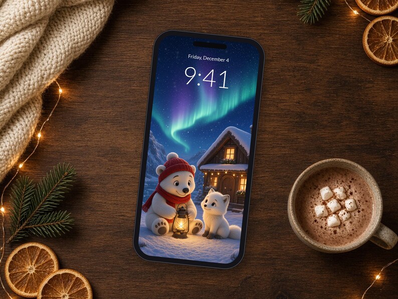 Telefoonachtergrond met ijsbeer, schattige achtergrond met noorderlicht voor iPhone, 4K bureaubladachtergrond met poolvos afbeelding 2