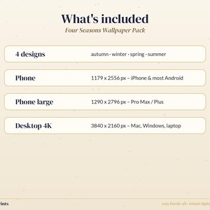 May include: A digital Four Seasons Wallpaper Pack listing with text detailing 4 designs for autumn, winter, spring, and summer. Includes specifications for phone, phone large, and desktop 4K resolutions for iPhone, Android, Mac, and Windows.