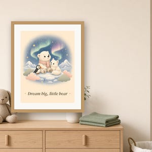 Polar Bear Nursery Print, Arctic Animals Wall Art, Northern Lights Baby Printable, Pastel Kids Room Decor image 2