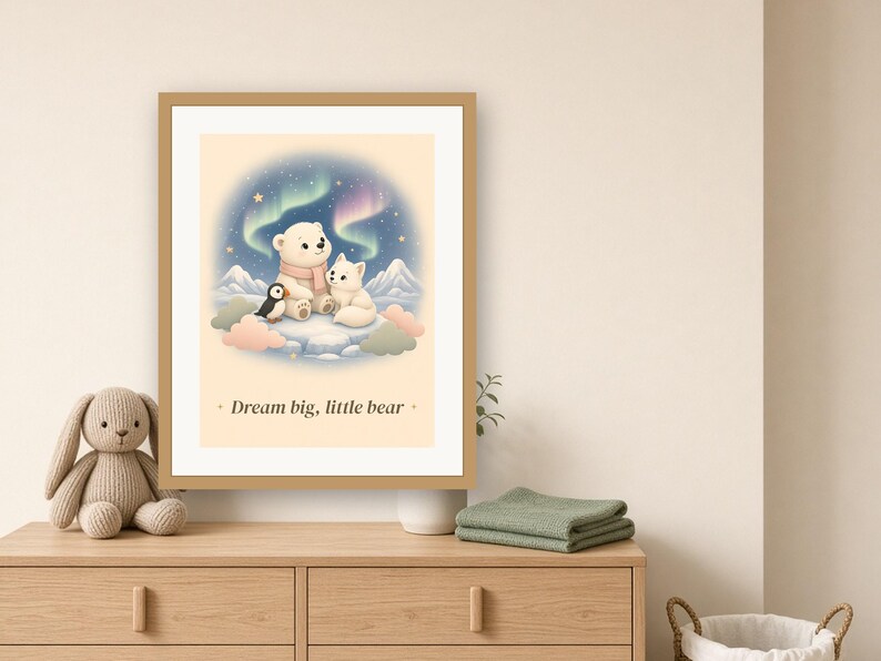 Polar Bear Nursery Print, Arctic Animals Wall Art, Northern Lights Baby Printable, Pastel Kids Room Decor image 2