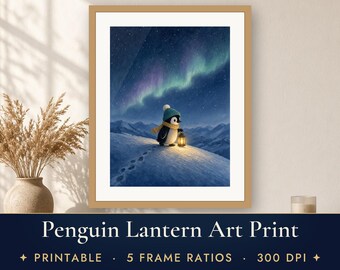 Printbare muurdecoratie voor de kinderkamer: schattige pinguïn met lantaarn, decoratie met noorderlicht, winterse pinguïnillustratie.