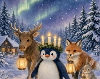 Lucia Day Printable Kit, St Lucia Celebration Pack for Kids, Nordic Penguin Coloring Poster Place Cards, Bilingual Norwegian English PDF