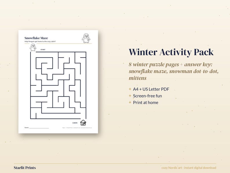 Winter Activity Pages for Kids, 8 Printable Worksheets, Maze, Dot to Dot, Word Search, Answer Key image 3