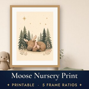Moose Nursery Print, Sleepy Baby Moose Woodland Wall Art, Sage Green Printable, Gender Neutral Decor image 1