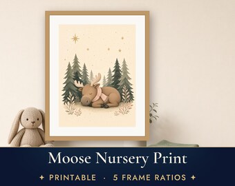 Moose Nursery Print, Sleepy Baby Moose Woodland Wall Art, Sage Green Printable, Gender Neutral Decor