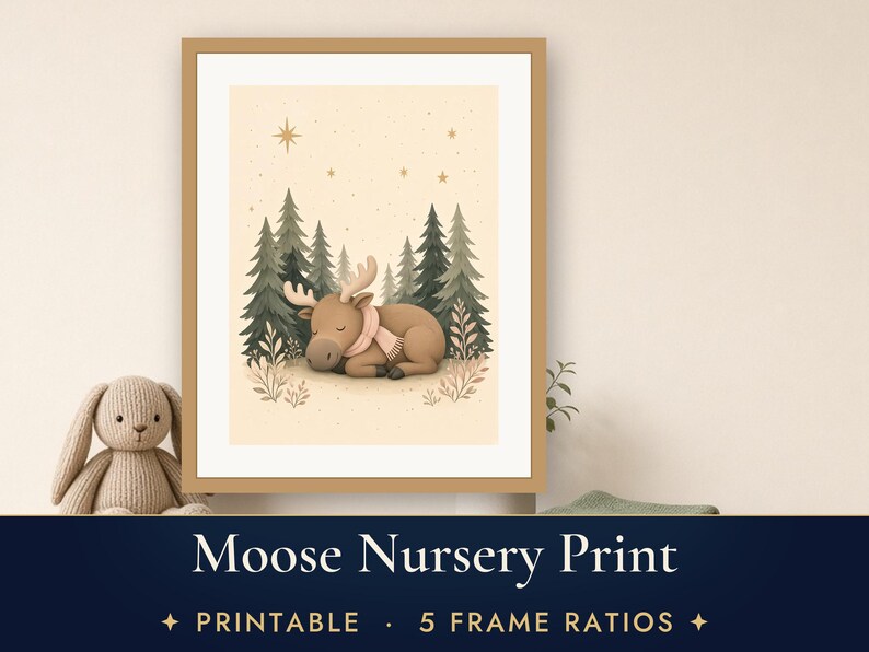 Moose Nursery Print, Sleepy Baby Moose Woodland Wall Art, Sage Green Printable, Gender Neutral Decor image 1