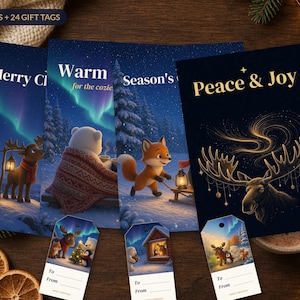 Printable Christmas Cards and Gift Tags Set, Nordic Moose Penguin Holiday Cards 5x7, Northern Lights Xmas Tags, Instant Download image 1