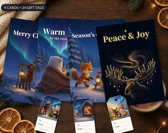 Druckbares Set mit Weihnachtskarten und Geschenkanhängern, nordische Elch-Pinguin-Weihnachtskarten (5x7 Zoll), Nordlichter-Weihnachtsanhänger, Sofort-Download