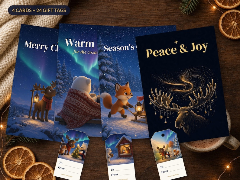 Printable Christmas Cards and Gift Tags Set, Nordic Moose Penguin Holiday Cards 5x7, Northern Lights Xmas Tags, Instant Download image 1