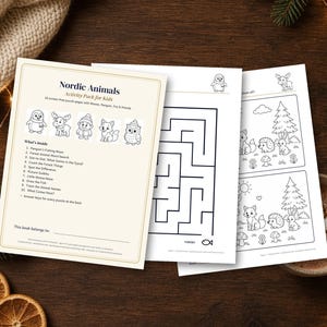 Páginas de actividades imprimibles para niños, 10 fichas de animales nórdicos, laberinto, unir puntos, sopa de letras, clave de respuestas. imagen 2