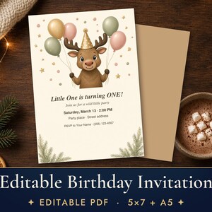 Editable Moose Birthday Invitation, Woodland Kids Party Invite Template, First Birthday Printable 5x7 image 1