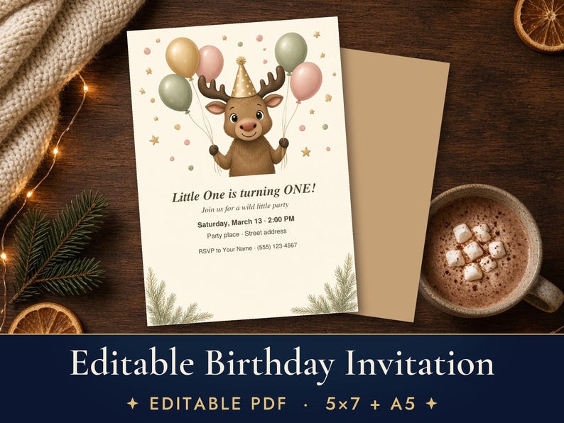 Editable Moose Birthday Invitation, Woodland Kids Party Invite Template, First Birthday Printable 5x7 image 1