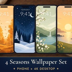 四季のスマホ壁紙セット、北欧の自然iPhone壁紙、秋冬春夏4Kデスクトップ