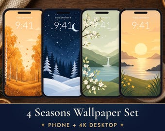 Four Seasons Phone Wallpaper Set, Nordic Nature iPhone Wallpapers, Autumn Winter Spring Summer 4K Desktop