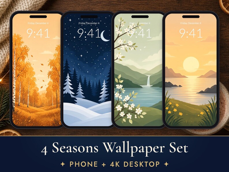 May include: Four smartphones displaying digital wallpapers representing the four seasons: an orange autumn forest, a dark blue snowy winter night, a green spring landscape with a waterfall, and a warm summer sunset over a lake. Text reads 4 Seasons Wallpaper Set.