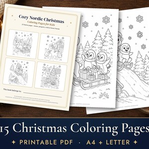 Disegni di Natale da colorare per bambini, 15 fogli da colorare stampabili con alci e pinguini, attività per le vacanze in formato PDF immagine 1