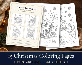 Christmas Coloring Pages for Kids, 15 Printable Moose and Penguin Coloring Sheets, Holiday Activity PDF
