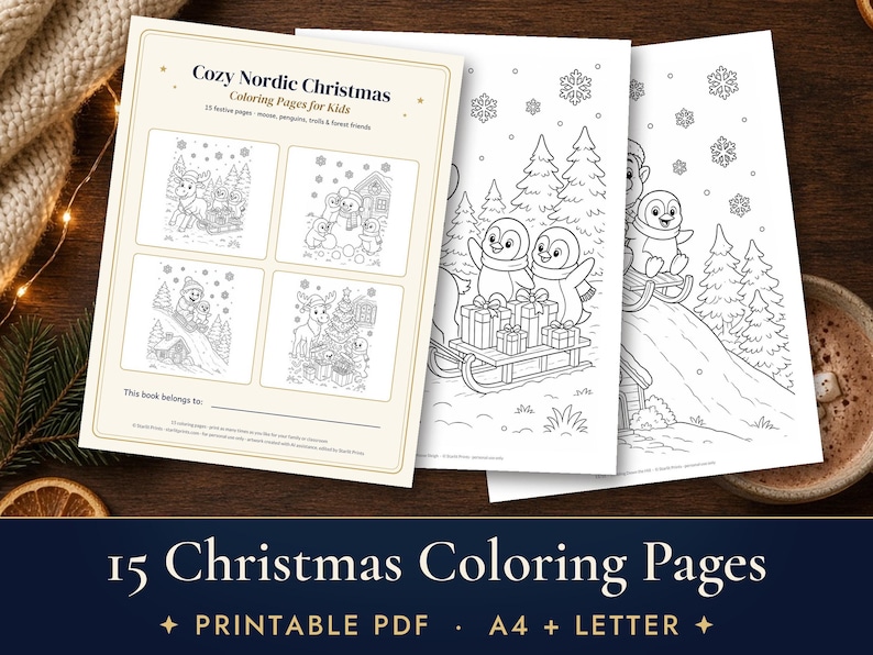 Disegni di Natale da colorare per bambini, 15 fogli da colorare stampabili con alci e pinguini, attività per le vacanze in formato PDF immagine 1