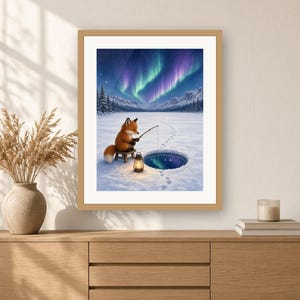 Winter Wall Art Printable, Cute Fox Ice Fishing Art Print, Red Fox Northern Lights Frozen Lake Illustration, Cabin Decor, Fishing Gift image 2