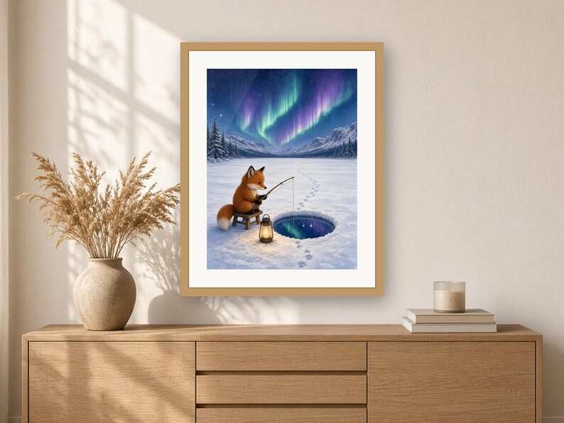 Winter Wall Art Printable, Cute Fox Ice Fishing Art Print, Red Fox Northern Lights Frozen Lake Illustration, Cabin Decor, Fishing Gift image 2