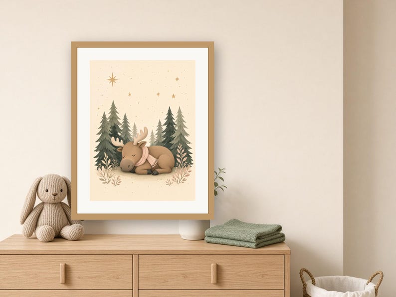Moose Nursery Print, Sleepy Baby Moose Woodland Wall Art, Sage Green Printable, Gender Neutral Decor image 2