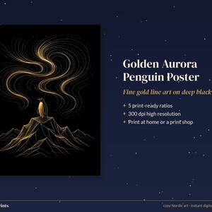 Black and Gold Wall Art Printable, Gold Line Art Print, Northern Lights Penguin Poster, Minimalist Aurora Art, Modern Living Room Decor image 3