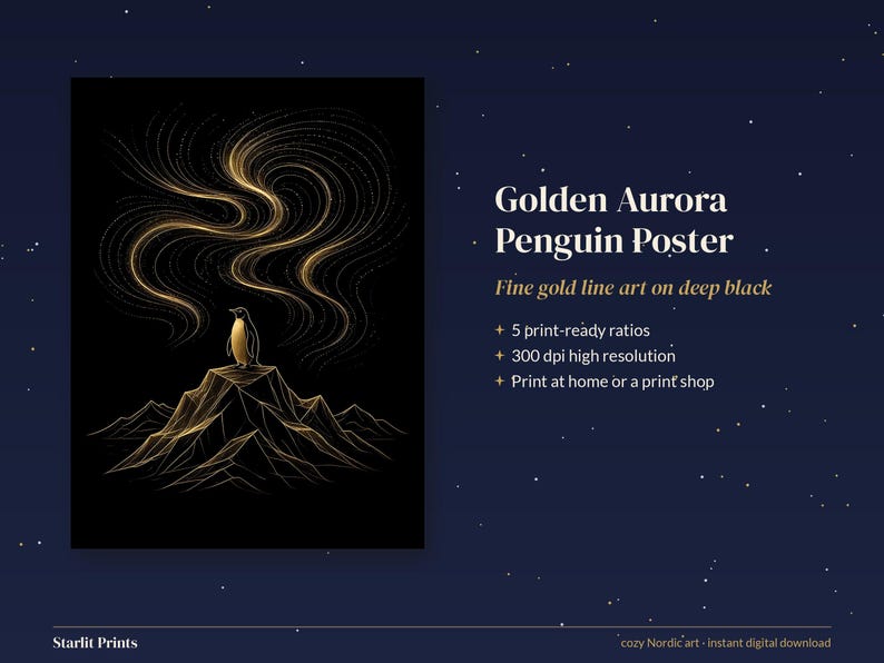 Black and Gold Wall Art Printable, Gold Line Art Print, Northern Lights Penguin Poster, Minimalist Aurora Art, Modern Living Room Decor image 3