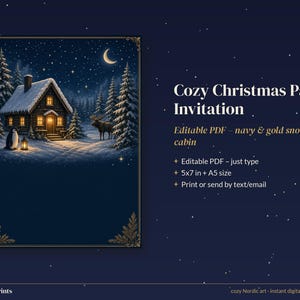 Editable Christmas Party Invitation, Cozy Cabin Holiday Invite Template, Navy and Gold Printable 5x7 image 3