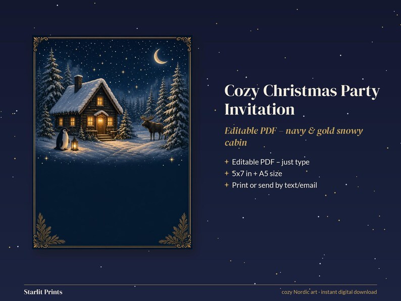 Editable Christmas Party Invitation, Cozy Cabin Holiday Invite Template, Navy and Gold Printable 5x7 image 3
