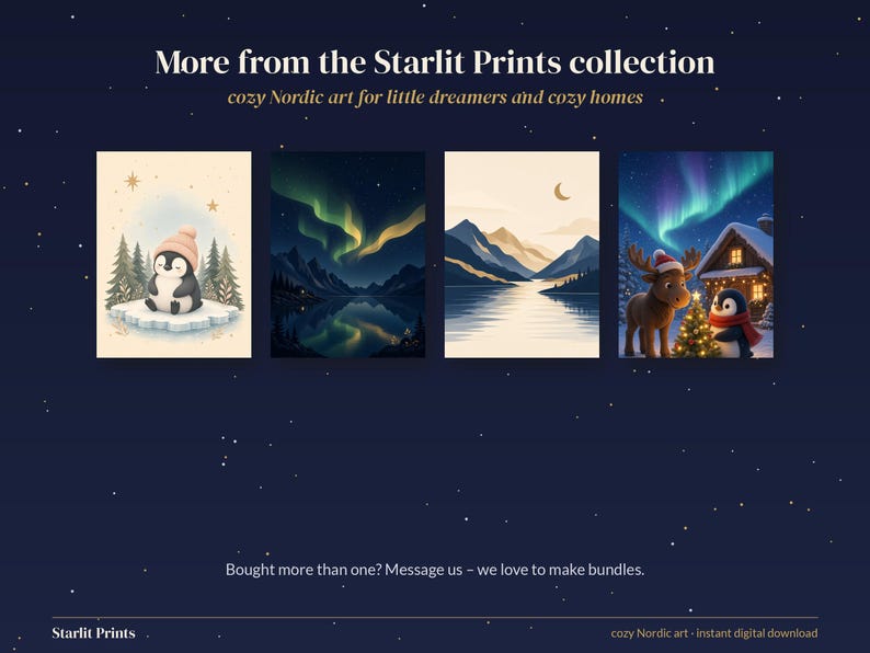 Lámina infantil celestial, cuadro de buenas noches con la luna y las estrellas, decoración imprimible de alce bebé y pingüino imagen 7