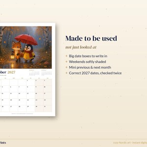 2027 Printable Calendar, Nordic Animal Monthly Wall Calendar, Cute Moose Penguin Fox Art, A4 and US Letter PDF, Monday or Sunday Start image 5