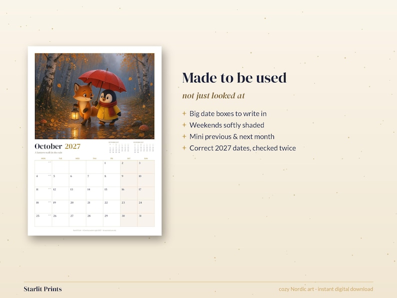 2027 Printable Calendar, Nordic Animal Monthly Wall Calendar, Cute Moose Penguin Fox Art, A4 and US Letter PDF, Monday or Sunday Start image 5