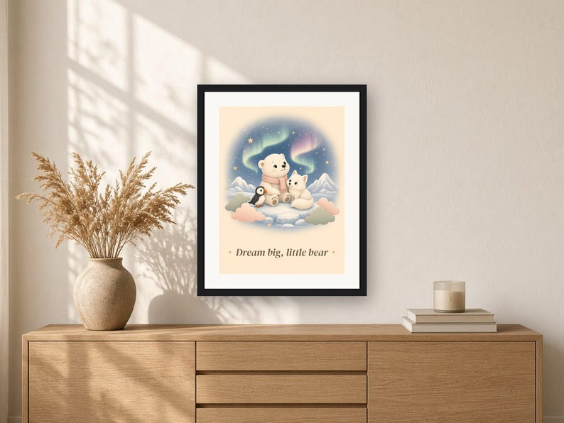 Polar Bear Nursery Print, Arctic Animals Wall Art, Northern Lights Baby Printable, Pastel Kids Room Decor image 6