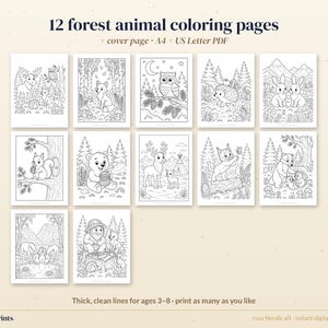 Woodland Animal Coloring Pages for Kids, 12 Printable Nordic Forest Coloring Sheets, Moose Fox Owl PDF image 4