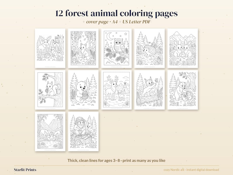 Woodland Animal Coloring Pages for Kids, 12 Printable Nordic Forest Coloring Sheets, Moose Fox Owl PDF image 4
