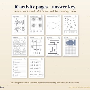 Páginas de actividades imprimibles para niños, 10 fichas de animales nórdicos, laberinto, unir puntos, sopa de letras, clave de respuestas. imagen 4