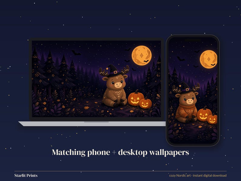 K&ouml;nnte beinhalten: Ein Laptop und ein Smartphone mit passenden digitalen Hintergrundbildern, die einen braunen Elch mit Hexenhut zeigen, der in einem dunklen Wald neben zwei K&uuml;rbislaternen unter einem Vollmond sitzt. Der Text lautet Matching phone + desktop wallpapers.
