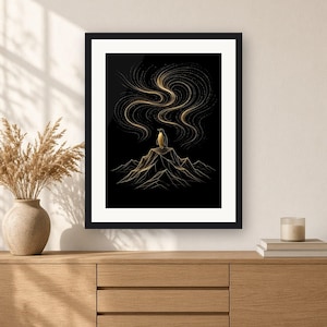 Black and Gold Wall Art Printable, Gold Line Art Print, Northern Lights Penguin Poster, Minimalist Aurora Art, Modern Living Room Decor image 2