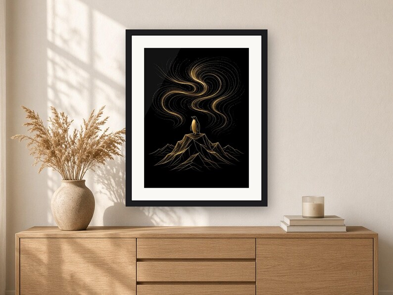 Black and Gold Wall Art Printable, Gold Line Art Print, Northern Lights Penguin Poster, Minimalist Aurora Art, Modern Living Room Decor image 2