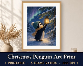 Kerstdecoratie om aan de muur te printen, schattige pinguïn kerstprint, pinguïn met lantaarn op een spar, decoratie voor de kinderkamer met noorderlicht