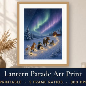 Printbare muurdecoratie voor de kinderkamer, lampionnenparade met bosdieren, pinguïn, vos, eland, noorderlicht, kerstdecoratie voor de kinderkamer