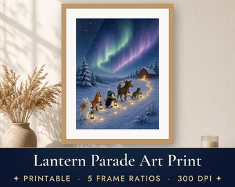 Nursery Wall Art Printable, Lantern Parade Woodland Animals Art Print, Penguin Fox Moose Northern Lights Kids Room Christmas Decor
