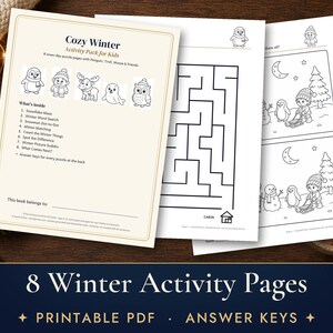 Winter Activity Pages for Kids, 8 Printable Worksheets, Maze, Dot to Dot, Word Search, Answer Key image 1