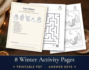 Winter Activity Pages for Kids, 8 Printable Worksheets, Maze, Dot to Dot, Word Search, Answer Key