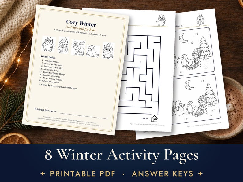 Winter Activity Pages for Kids, 8 Printable Worksheets, Maze, Dot to Dot, Word Search, Answer Key image 1