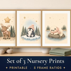 Nursery Prints Set of 3, Nordic Baby Animals Wall Art, Moose Penguin Seal Printable, Sage and Blush Decor image 1