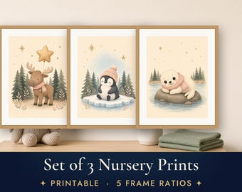 Nursery Prints Set of 3, Nordic Baby Animals Wall Art, Moose Penguin Seal Printable, Sage and Blush Decor