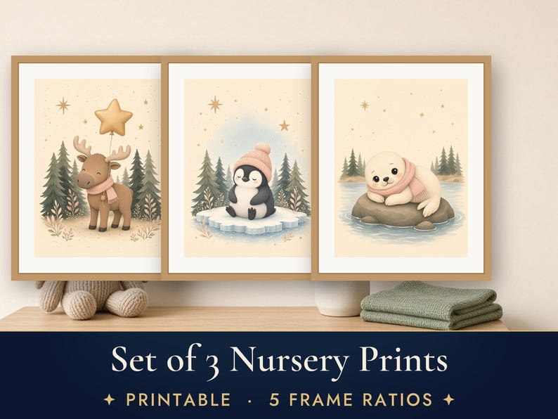 Nursery Prints Set of 3, Nordic Baby Animals Wall Art, Moose Penguin Seal Printable, Sage and Blush Decor image 1
