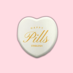 Happy Pills White Heart Pill Box | Cursive Script Pill Case for Meds & Vitamins | Cute Travel Pill Organizer | Mental Health Gift