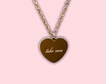 Take Care Heart Necklace | Gold Plated | Hypoallergenic Self-Care Jewelry | Mental Health Gift for Her | Sensitive Skin Self Care Gift f